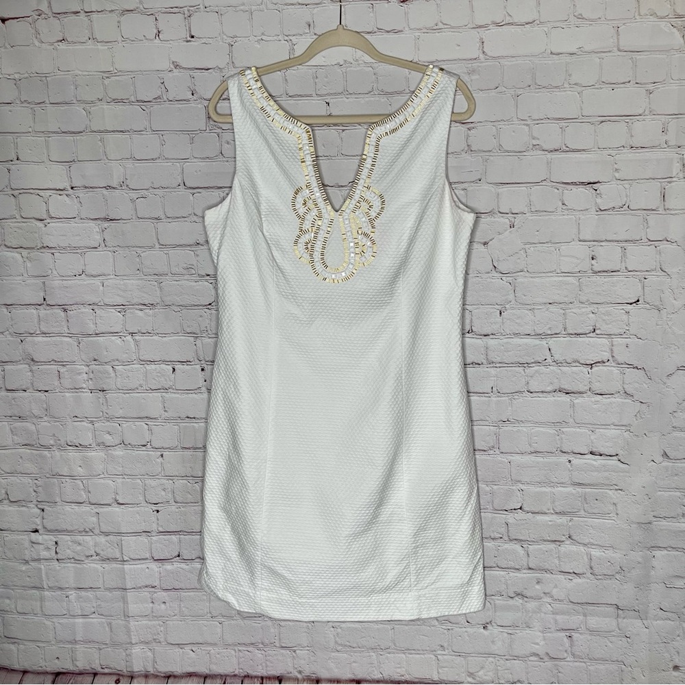 Lilly Pulitzer, Textured White Dress w/ white & gold beading at neck. Size: 14